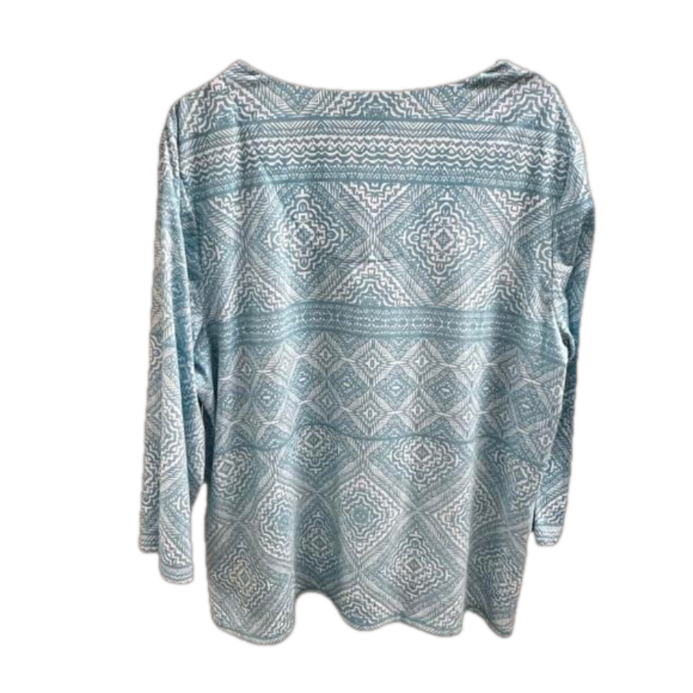Erika Blue Floral Blouse Sz L Pilar Lace Trim V Neck Women 3/4 Length Sleeves - Picture 2 of 6